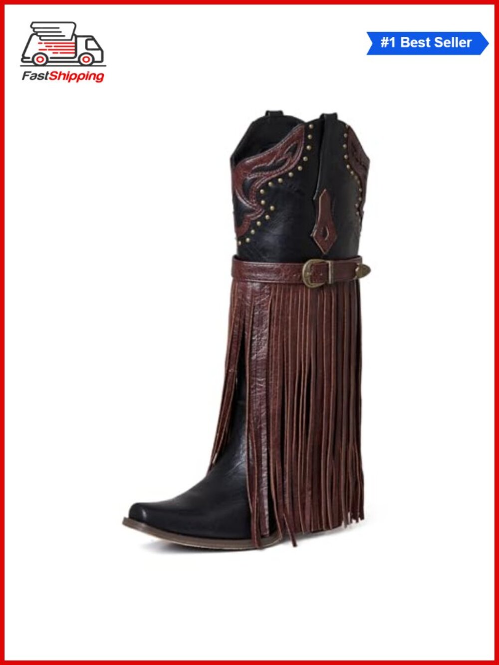 ✨ Women's Western Knee-High Boots Pointed Toe Chunky Heel Fringe Pull-On PU
